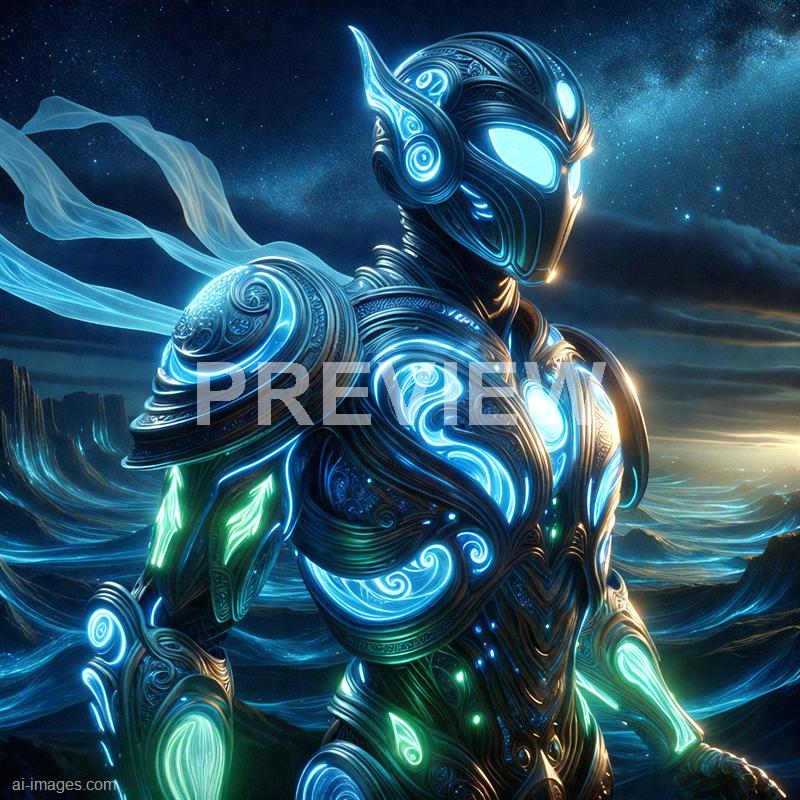 The image depicts a highly detailed, futuristic humanoid figure with a sleek, metallic body illuminated by glowing blue and green accents. The figure's design incorporates intricate swirling patterns and glowing elements, giving it an otherworldly, cybernetic appearance. The background features a starry night sky with clouds and a landscape of rolling hills or mountains, creating a sense of vastness and sci-fi atmosphere. The lighting emphasizes the figure's form, highlighting its technological and celestial blend.